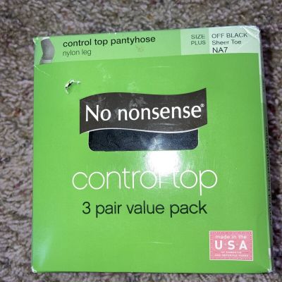 No Nonsense Control Top Pantyhose Off Black Sheer Toe 3 Pair Size Plus NA7-New