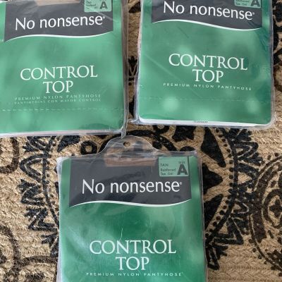 No Nonsense Control Top Pantyhose Reinforced Toe Size A Tan 3 Pair