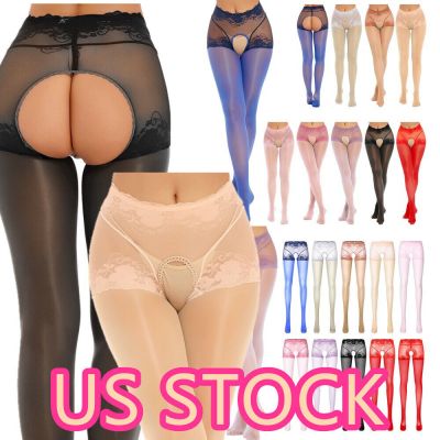 US Women' Shiny Sheer Crotchless Pantyhose High Waist Lace Hollow Out Tights