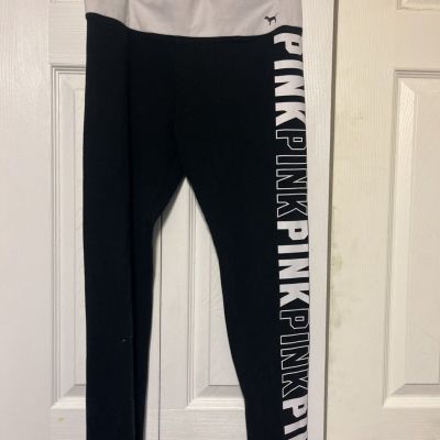 Victoria’s Secret PINK Cotton Yoga Legging Black with White Logo Size Large