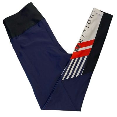 Peleton Nation Size Small workout leggings. Navy blue, black, white, orange.