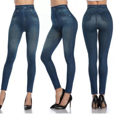 Stretchy Faux Denim Skin Tight Legging High Waist Skinny Pants Push Up Leggings