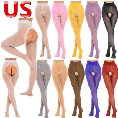 US Womens Glossy Open Crotch Pantyhose Smooth High Waist Tights,Silk Stockings