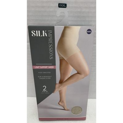 2 Pair XXXL Silk Impressions Pantyhose High Waisted Light Support Sheer Beige