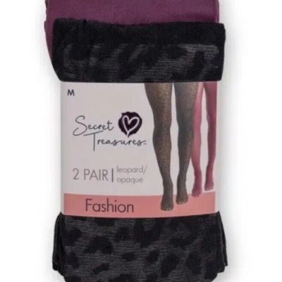 Secret Treasures Women's Wine Red Opaque & Black Leopard 2 Pack Tights Size L