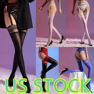 US Womens Suspender Stockings Pantyhose Crotchless Lace Oily Thigh High Hosiery