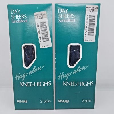 Sears Day Sheers Hug-Alon Lot of 2 Knee Highs Sandalfoot 2 Pair New Navy Vintage