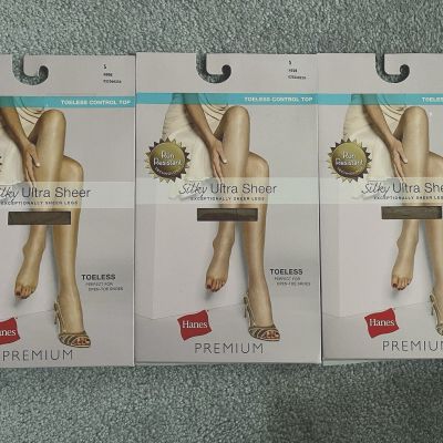 3 Hanes Premium Silky Ultra Sheer Control Top Toeless Pantyhose Nude Sz S New