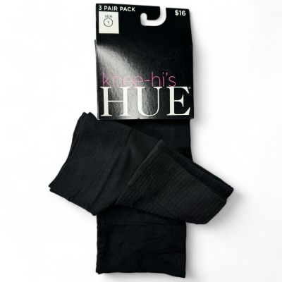 Hue 3 Pair Pack Knee Hi Opaque Black Womens Size 1 Solid | Ribbed Banded NEW