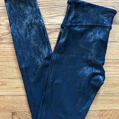 SPANX Faux Leather Shiny Black Brocade Leggings - Worn 2x, Size XS, Item #20261R