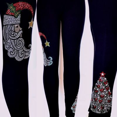 Regular or Plus One Size Leggings Rhinestone Crescent Santa Shiny Christmas Tree