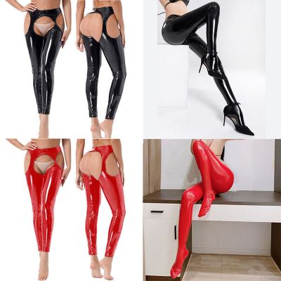 US Women Patent Leather Pants Wet Look Crotch-less Open Butt Fancy Long Trousers