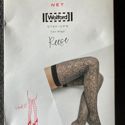 Wonderful Wolford REESE NET Stay Ups Stockings Thigh High BLACK GRAY Large L