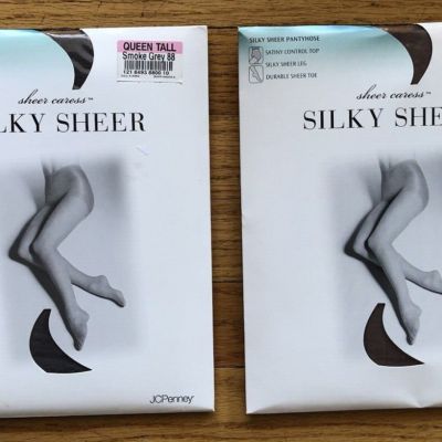 Lot of 2 Sheer Caress SILKY SHEER Pantyhose QUEEN TALL Cocoa & Smoke Gray NIP