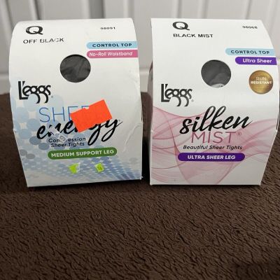 2 Pair Leggs Silken Mist/ Sheer Energy Size Q Black Mist/ Off Black Pantyhose