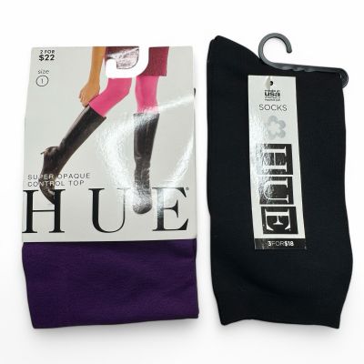 Hue Super Opaque Tights Size 1 Concord Purple and 1 Pair Black Body Socks OS