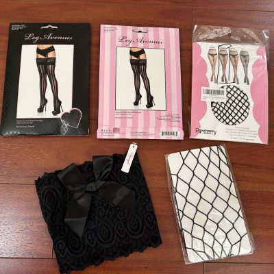 Set: 4 Pairs Black Stockings: 2 Striped Thigh Hi; 2 Fence Net, 1 Garter Wallet