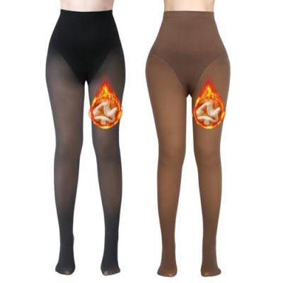 2 Pairs Women Fleece Lined Tights - Triangle Crotch Design Medium Black+brown