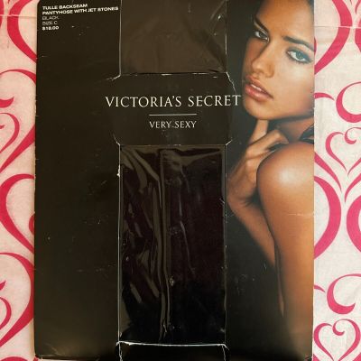 New Victoria's Secret Very Sexy TULLE BACKSEAM Pantyhose Jet Stones BLACK C ????