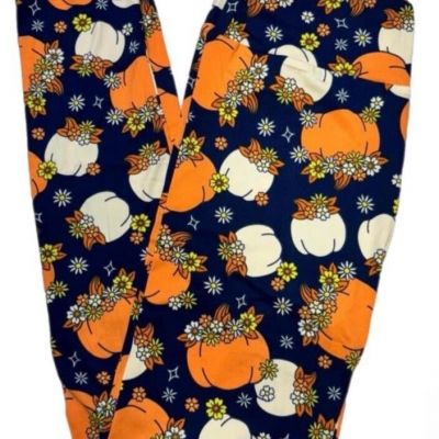 LuLaRoe Womens Leggings Size TC2 Pumpkins Halloween Blue Floral Plus 18+ NWT