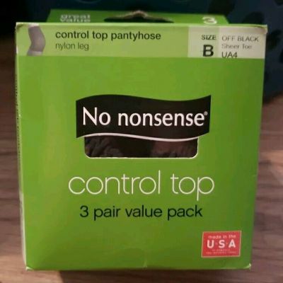 No Nonsense Control Top Off Black Sheer Toe Pantyhose 3 Pair Size B