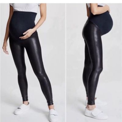 Spanx Mama Faux Leather Leggings Womens L Black Stretch Lightweight Maternity