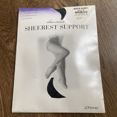 JCPenney size Queen Short Sheer Caress pantyhose Sheerest Support Navy - 029