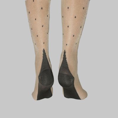 SPANDEX POLKA DOTS SHEER NUDE BLACK CUBAN HEEL THIGH HI STOCKINGS BACK SEAM O/S