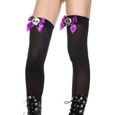 Punk Gothic Lolita Halloween Purple Bow & Skull Black Stockings