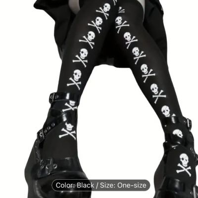 GOTHIC ANIME BLACK OPAQUE THIGH HIGH with SKULL & BONE PRINT OVER THE KNEE- O/S