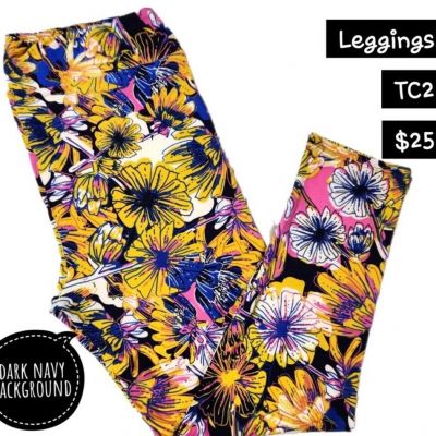 LuLaRoe Womens Leggings Size TC2 Blue Pink Yellow Daisies Floral Plus 18+ NWT