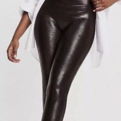 NWT New SPANX Faux Leather Shiny LEGGINGS-20303R-PATENT BROWN Croc CROCO-Medium