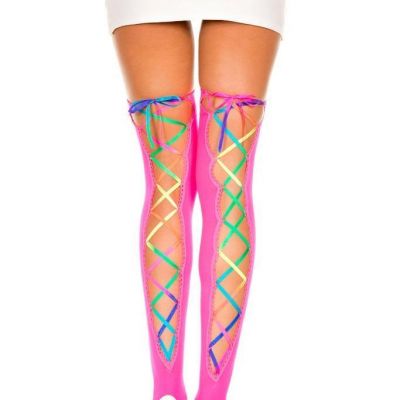 NEW sexy MUSIC LEGS opaque RIBBON lacing LACE up TIE back THIGH highs STOCKINGS