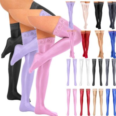 US Womens Shiny Thigh High Stockings Lace Sheer Footed Tight Stay Up Pantyhose