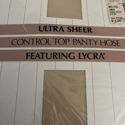 VTG Ultra Sheer Control Top Pantyhose Featuring Lycra Size Med/Tall Linen Color