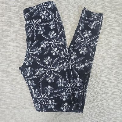 Lularoe Black Daisy Floral Leggings Women's OS Slim Ankle Silky Midrise