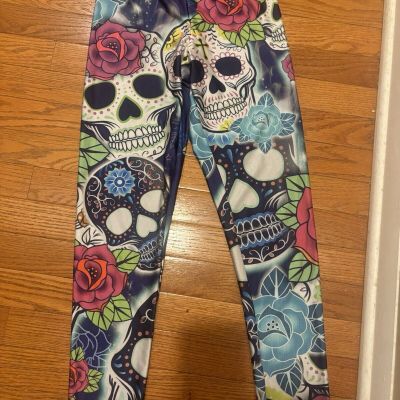 Ladies Women’s Day Of The Dead Skull Workout Leggings Small