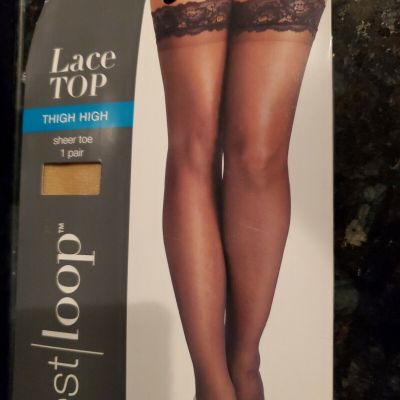 West Loop Thigh High Lace Top Silky Leg Sheer Toe L/XL Beige Mist 1 Pair