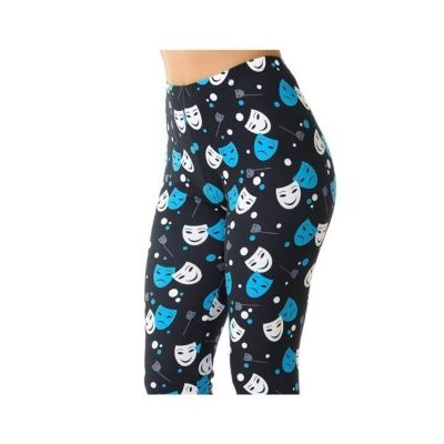 Plus Size All Over Blue and White Comedy Tragedy Mask Legging Print