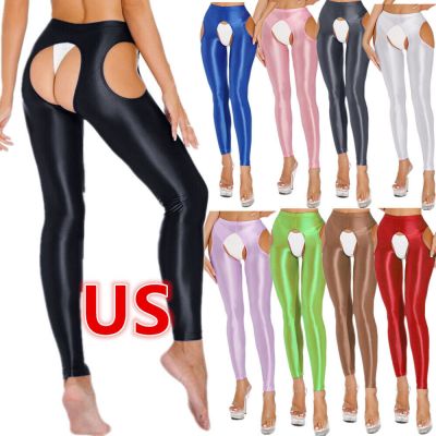 US Women's Glossy Opaque Gym Yoga Pants Shiny High Waist Tights Training Sports