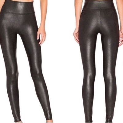 Spanx Women Black Faux Leather Tummy Control Shapewear Pull On Leggings Petite L