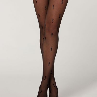 NWT Calzedonia Black Q K Print Tights, 30 Denier Sheer, Patterned, Size S/M