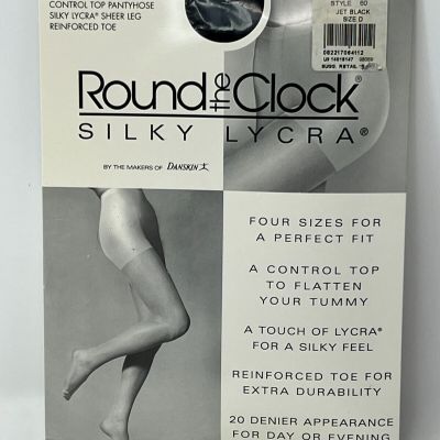 Round The Clock VTG Pantyhose Size D Jet Black Silky Lycra Control Top Style 60