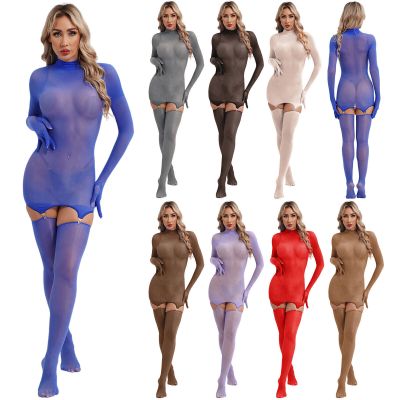 US Womens Bodysuit Stage Show Nightwear Open Crotch Dress Gloved Sleeve Lingerie