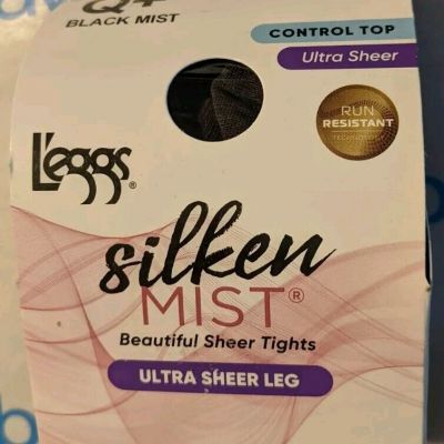 L'eggs Silken Mist Tights Ultra Sheer Leg Control Top Black Mist Q+ New