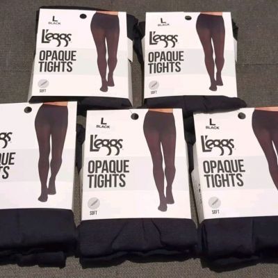 Leggs Womens (5 Pair) Size Large Black Opaque Tights Silky soft  Microfiber New