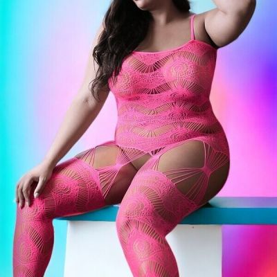 Fantasy Lingerie Plus Size Hot Pink Fishnet Gartered Lingerie Bodystocking