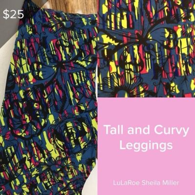 TC LLR Leggings - Blue With Pink & Bright Green Floral -Buttery Soft