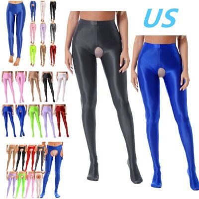 US Women Glossy kinny Pants Open Crotch Pantyhose Stretchy Yoga Tights Pants