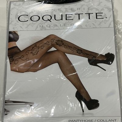 Coquette Bonneterie Hosiery Fishnet Stockings w/ Rose Detail Black One Size NEW